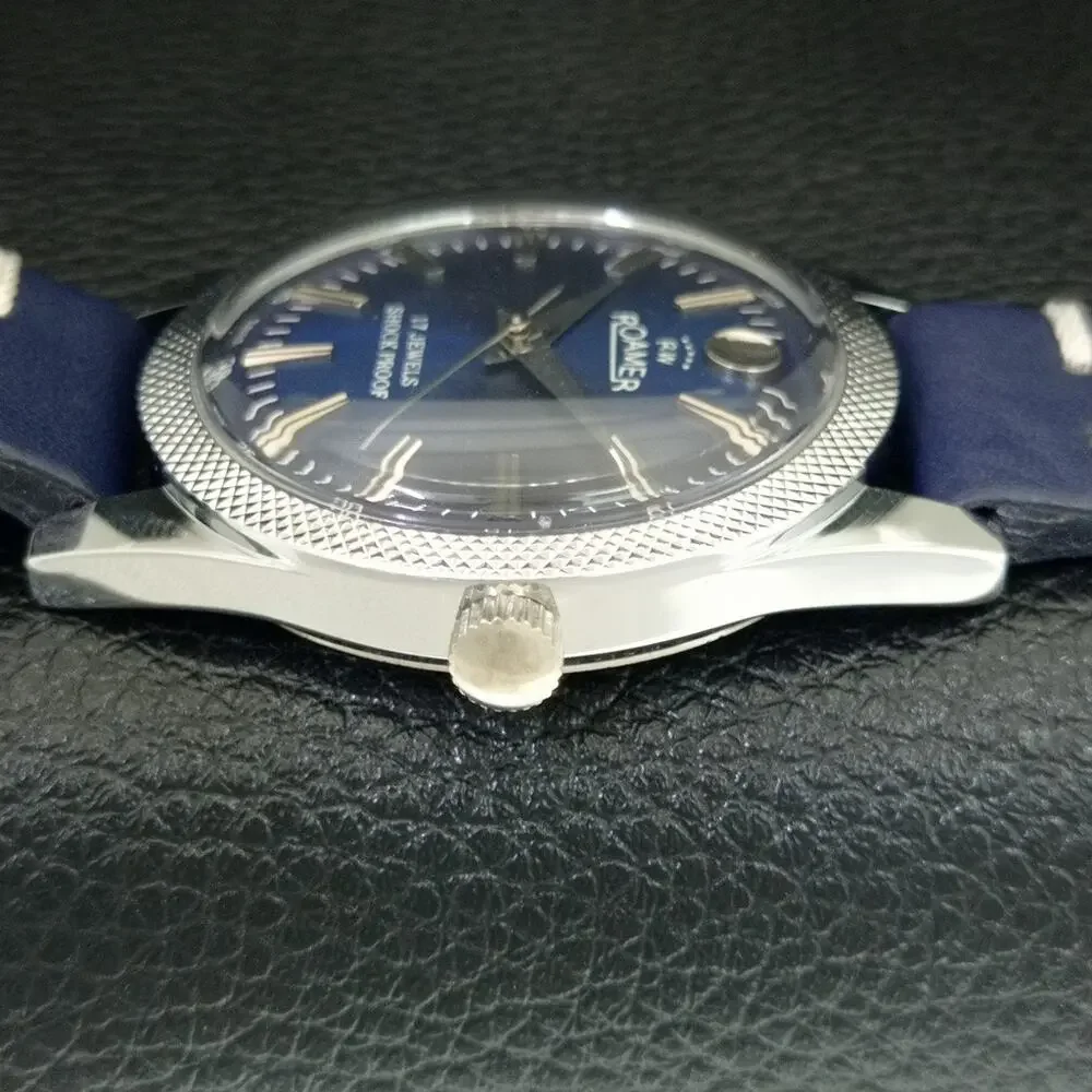 Vintage 1976 Roamer Manual Mens Silver Watch W/Leather Strap & Blue accents